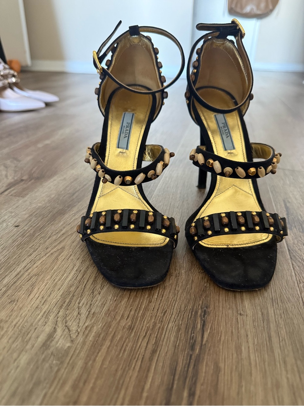 Prada Black Suede Ankle-Strap Heels with Gold Stud Detailing